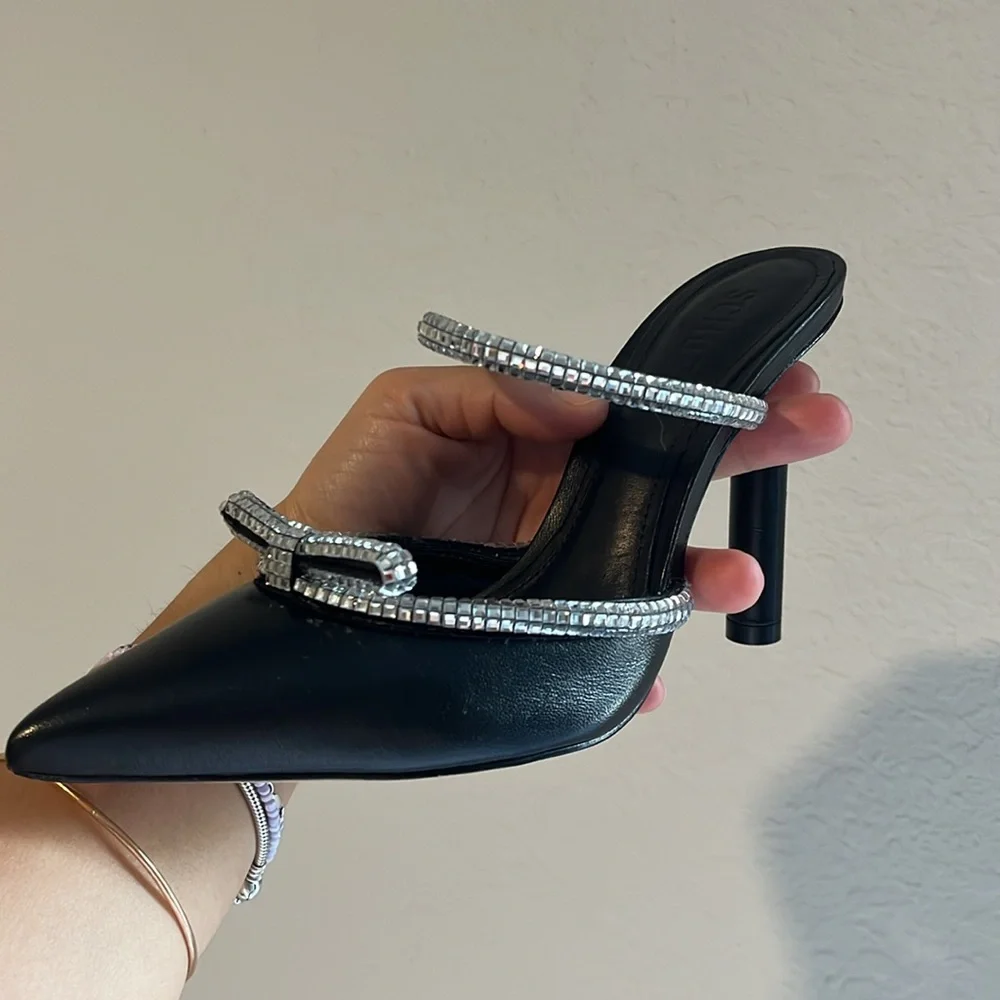 SCHUTZ Avril Crystal Trim‎ Leather Rhinestones Stilettos Heels size 7.5